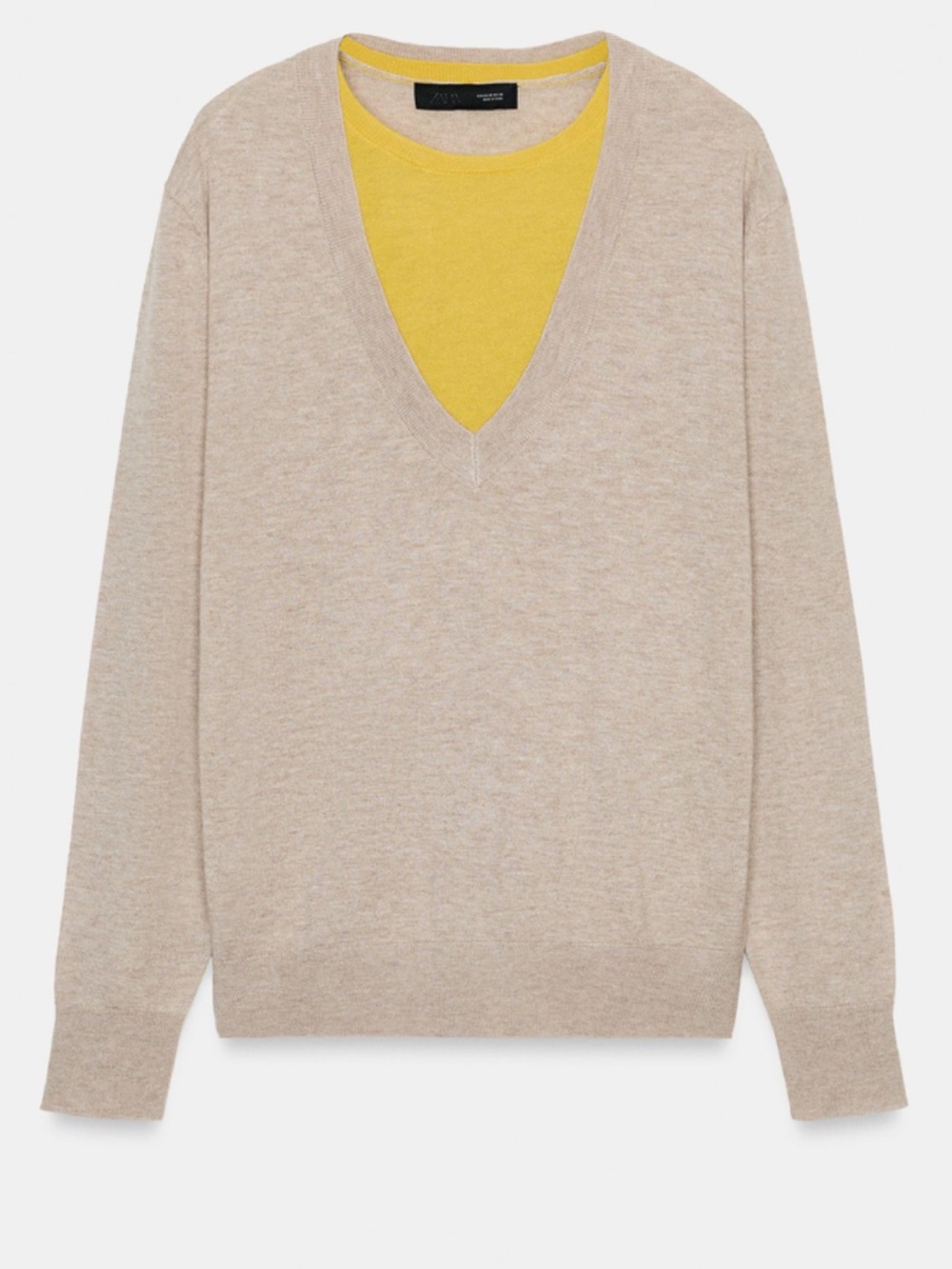 Zara Beige V-Neck Sweater with Yellow Layered Detail